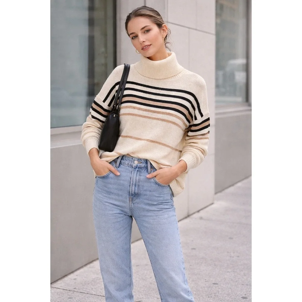 West Coast Connection Vintage Womens Striped Turtleneck Sweater Cream Gold‎ M